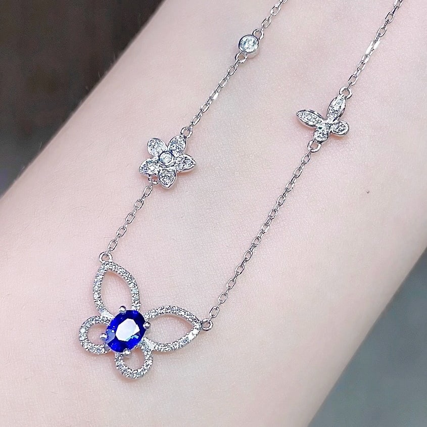 14k Gold 0.42 Ct Natural Sapphire & Diamond & Butterfly Necklace - 3