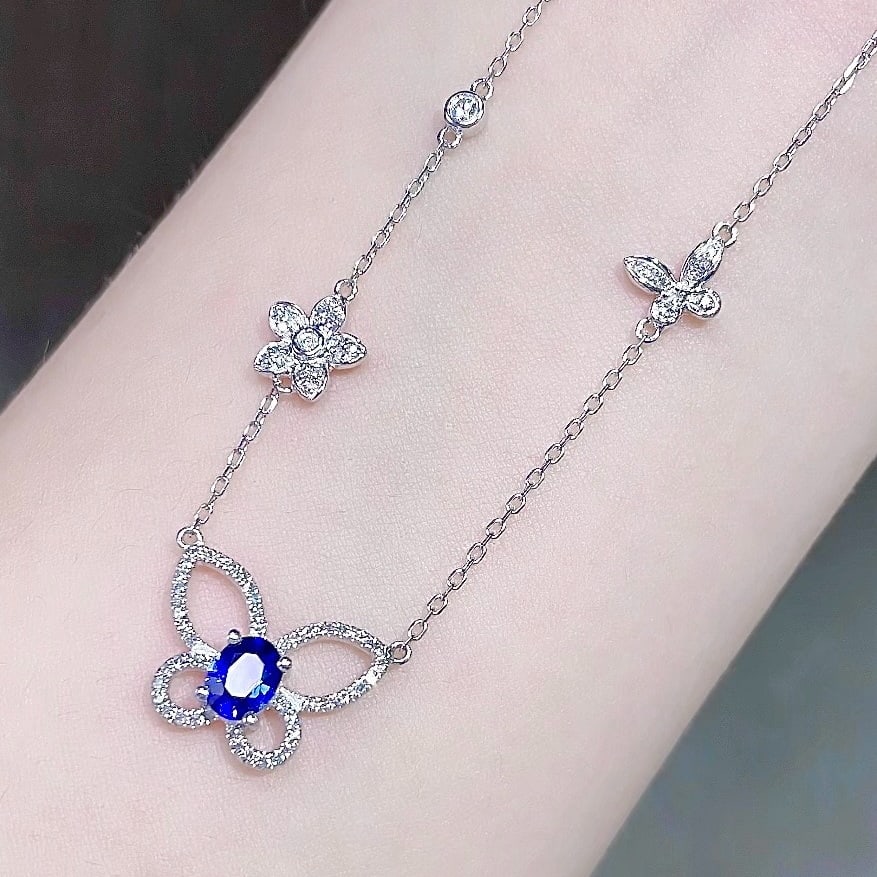 14k Gold 0.42 Ct Natural Sapphire & Diamond & Butterfly Necklace - 4