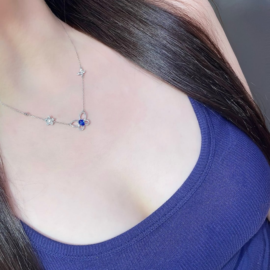 14k Gold 0.42 Ct Natural Sapphire & Diamond & Butterfly Necklace - 5