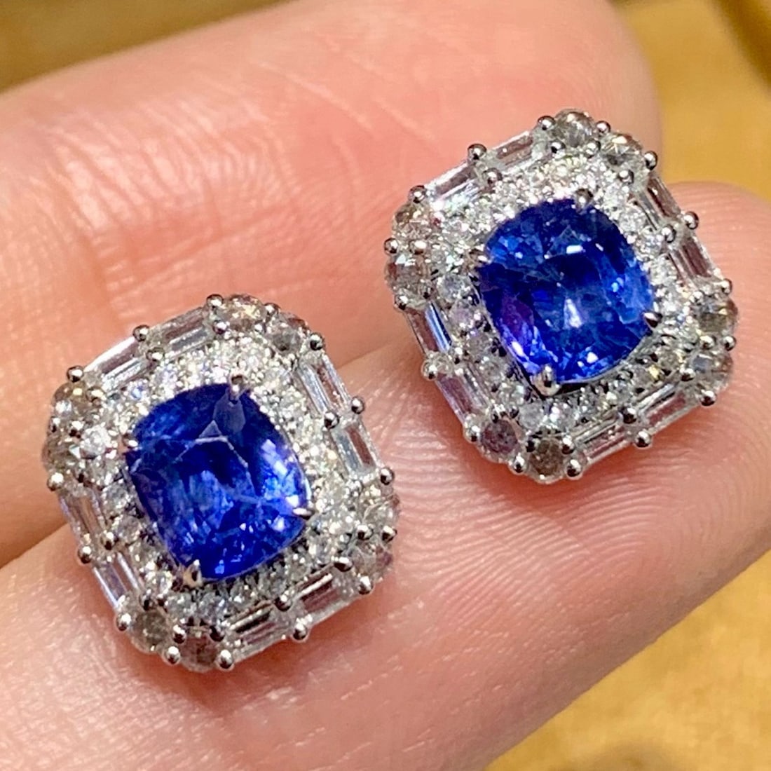 14k Gold 1.5 Ct Natural Sapphire & Diamond & Sapphire Earrings: Ref:231176448gold // content:14k // goldmain // gemstone:sapphireshape:cushioncarat // weight:1. 5ct // color:bluetreatment:naturaladjacent // gemstone // 2 // : // diamondshape:roundclarity // grade: