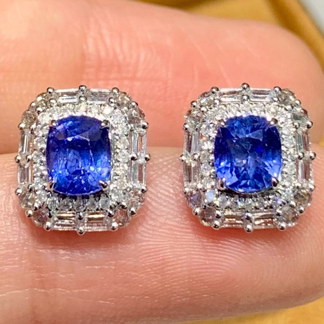 14k Gold 1.5 Ct Natural Sapphire & Diamond & Sapphire Earrings - 2