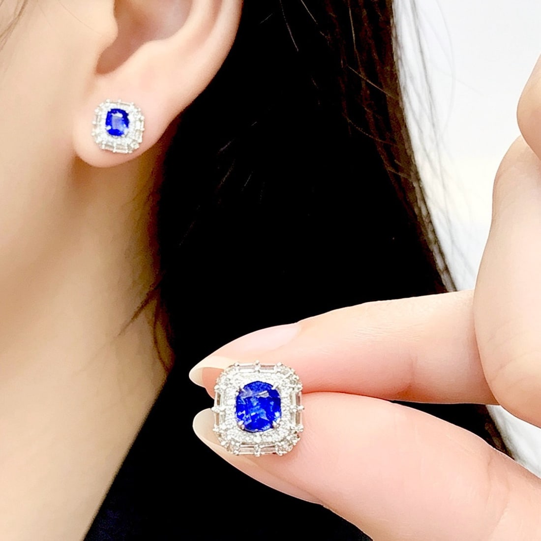 14k Gold 1.5 Ct Natural Sapphire & Diamond & Sapphire Earrings - 5