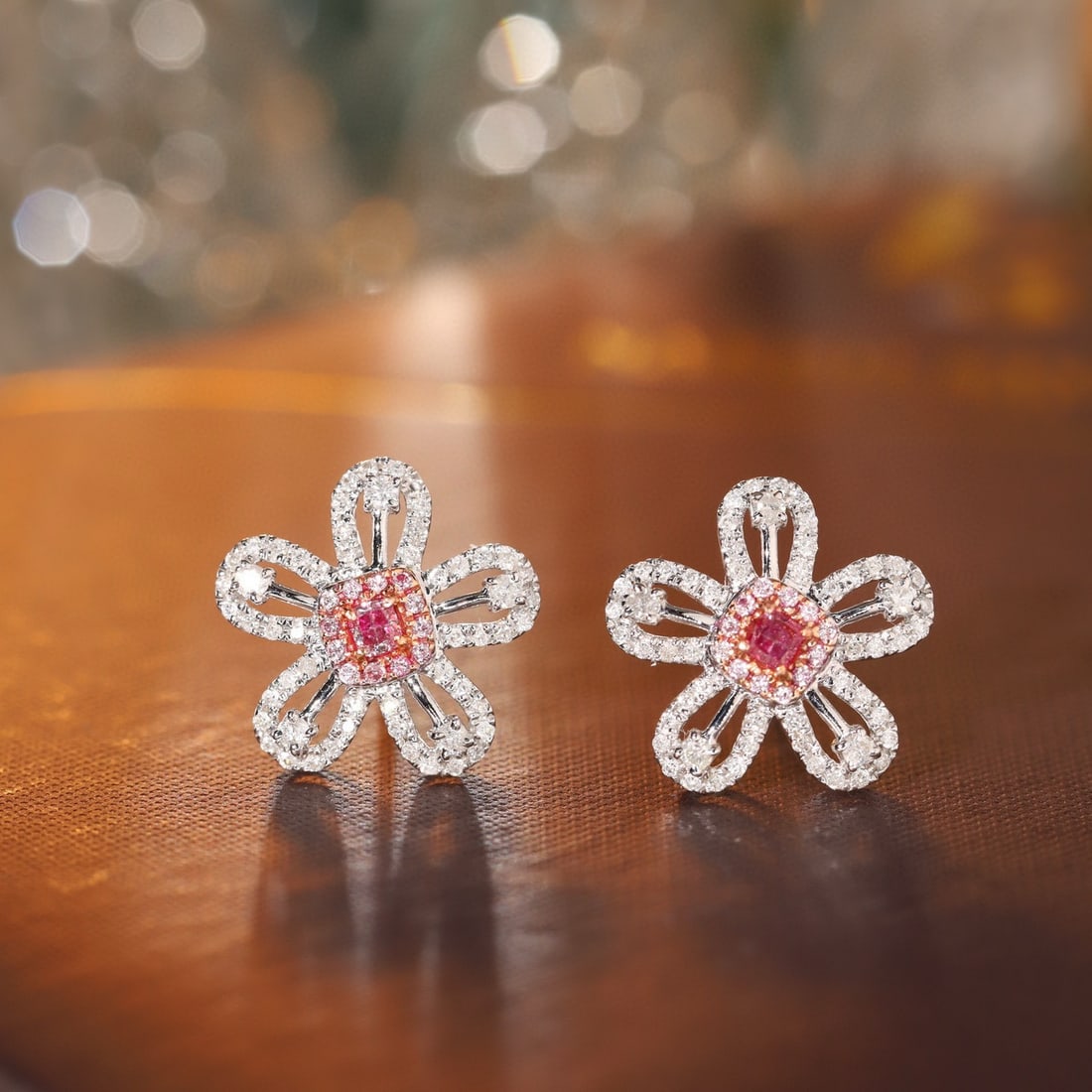 14k Gold 0.56 Ctw Natural Pink Diamond & Diamond Earrings: Ref:231177012 // gold content:14k gold // main gemstone:pink diamond // shape:cushion // carat weight:0. 12ct // color:pink // treatment:natural // // adjacent gemstone 2 : diamond // shape:round //