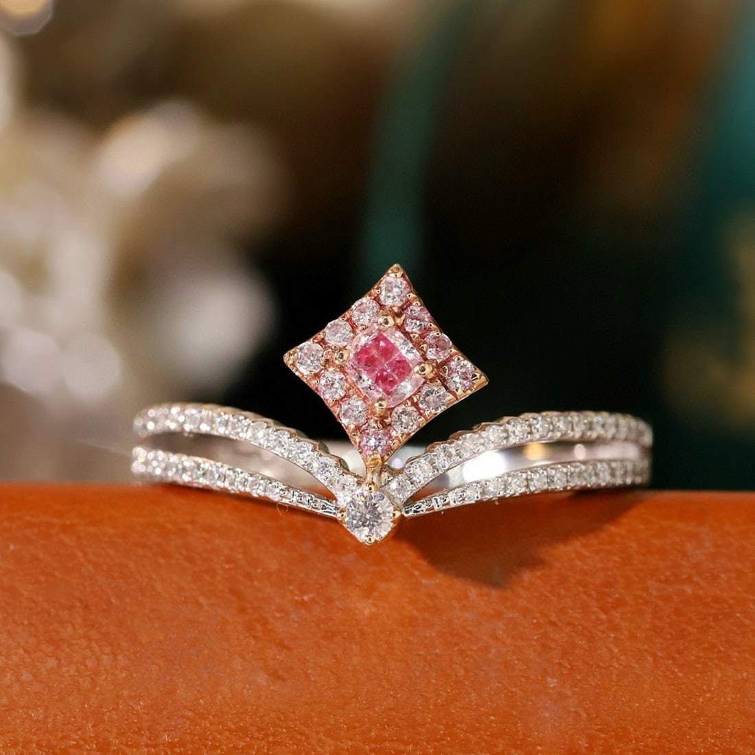 14k Gold 0.40 Ctw Natural Pink Diamond & Diamond Ring: Ref:231177050 // gold content:14k gold // ring size:7. 25us // // main gemstone:pink diamond // shape:cushion // carat weight:0. 15ct // color:pink // treatment:natural // // adjacent gemstone 2 :