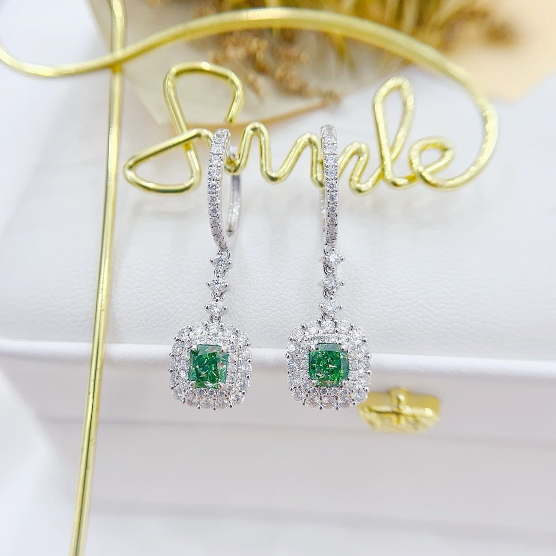 14k Gold 2.26 Ctw Natural Green Diamond & Diamond Earrings: Ref:231177093 // gold content:14k gold // main gemstone:green diamond // number of stones:2 // shape:cushion // carat weight:1. 12ct // color:green // treatment:natural // // adjacent gemstone 2 :