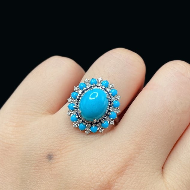 14k Gold 3.95 Ctw Natural Blue Turquoise & Diamond Ring - 7