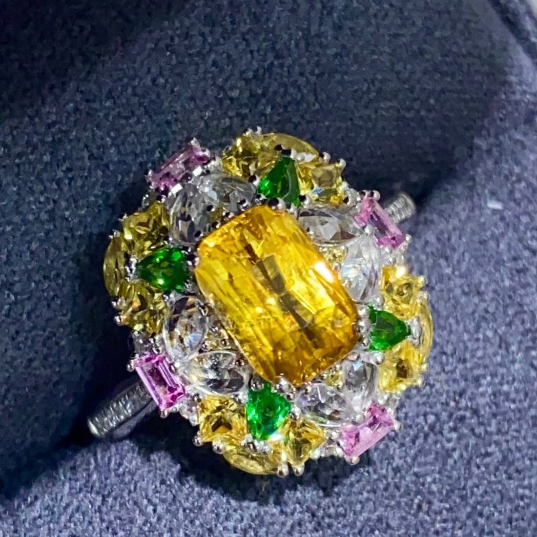 14k Gold 1.6 Ct Natural Sapphire & Coloured Gemstone & Diamond Ring: Ref:231177134 // gold content:14k gold // ring size:7. 25us // // main gemstone:sapphire // shape:cushion // carat weight:1. 6ct // color:yellow // treatment:natural // // adjacent gemstone 2 :