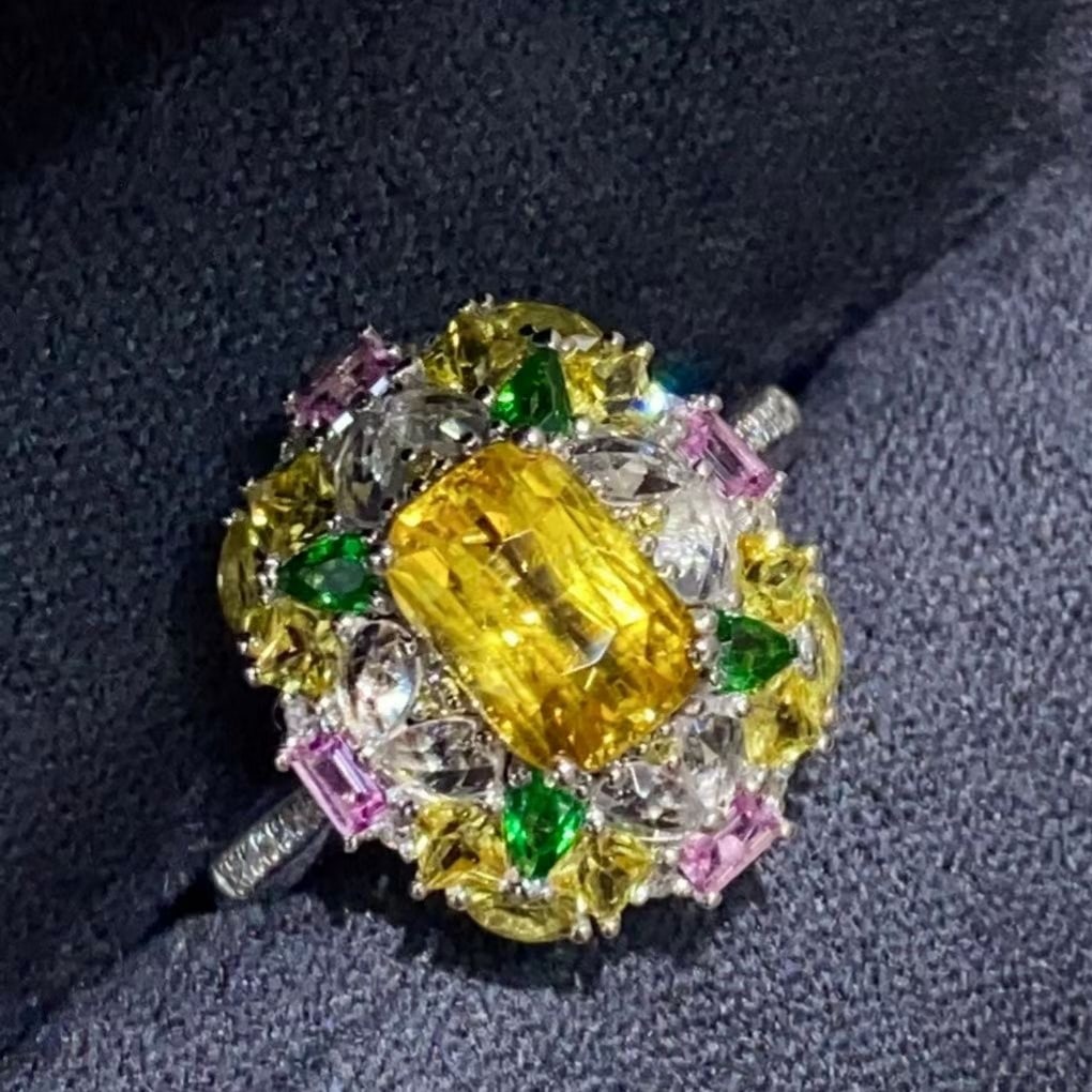 14k Gold 1.6 Ct Natural Sapphire & Coloured Gemstone & Diamond Ring - 2