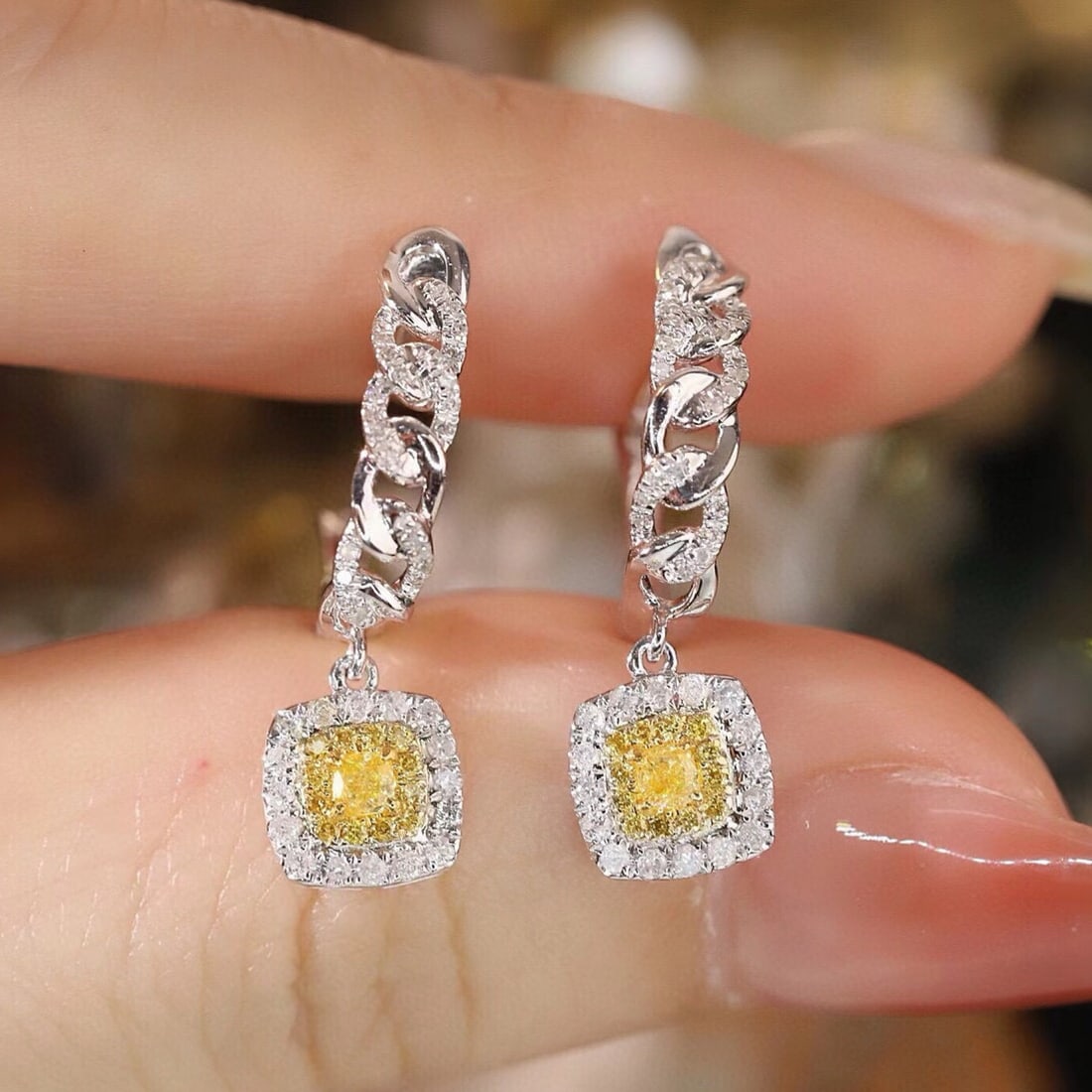14k Gold 0.62 Ctw Natural Yellow Diamond & Diamond Earrings: Ref:231177191 // gold content:14k gold // main gemstone:yellow diamond // shape:cushion // carat weight:0. 2ct // color:yellow // treatment:natural // // adjacent gemstone 2 : diamond // shape:round