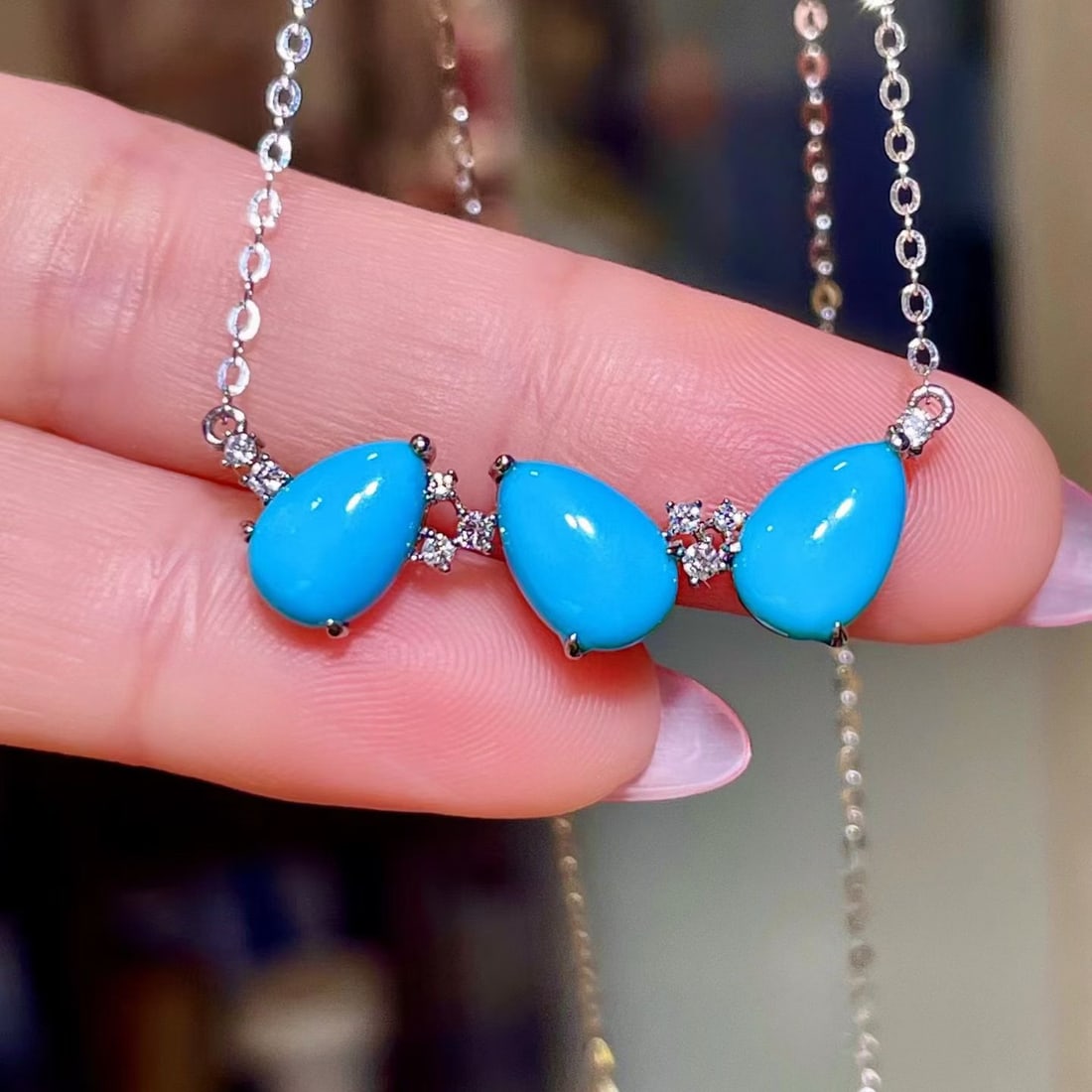 14k Gold 4.13 Ctw Natural Blue Turquoise & Diamond Necklace: Ref:231177213 // gold content:14k gold // main gemstone:blue turquoise // number of stones:3 // shape:pear // carat weight:4. 03ct // color:blue // treatment:natural // // adjacent gemstone 2 :