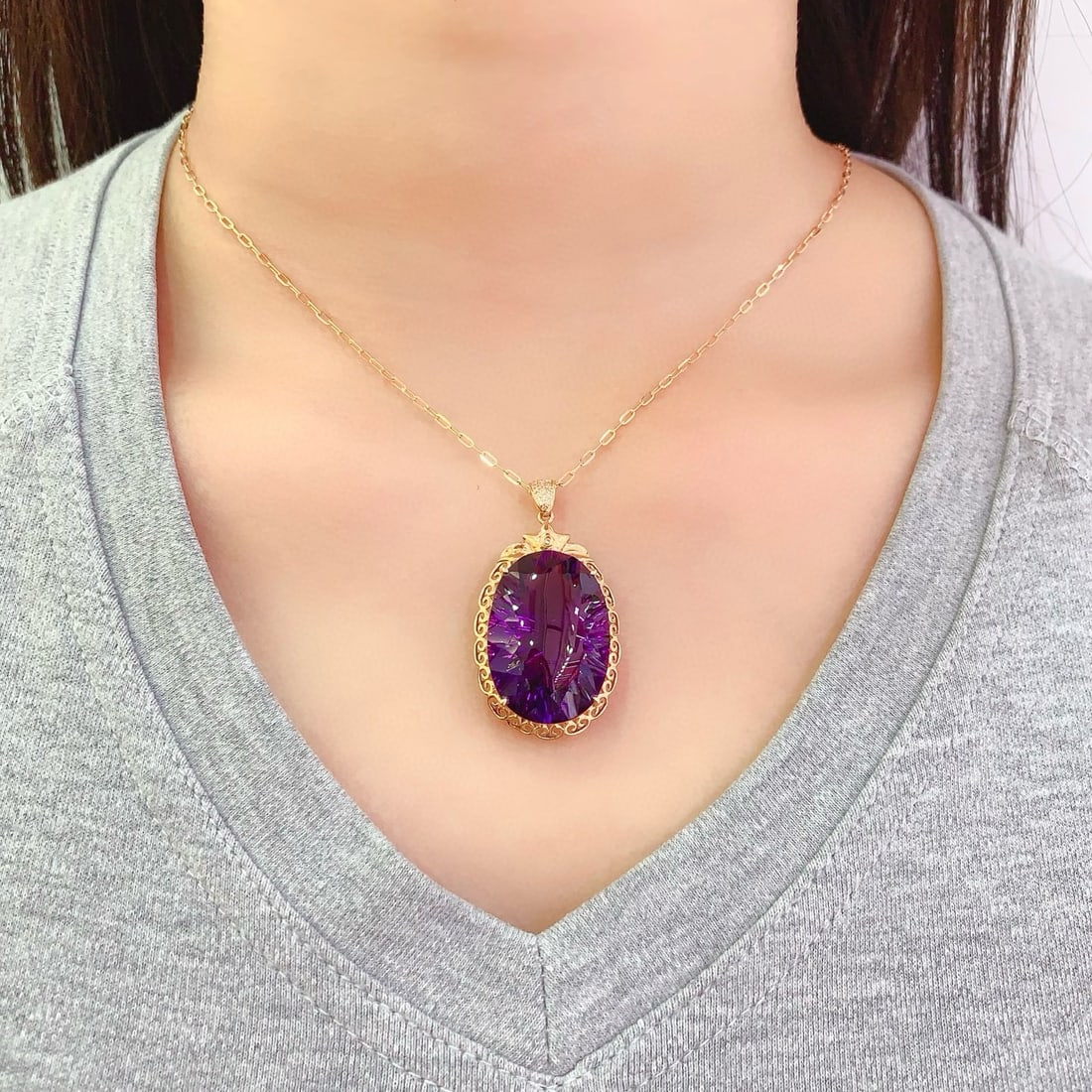 14k Gold 30.8 Ct Natural Amethyst & Diamond Pendant( Without Chain ) - 2
