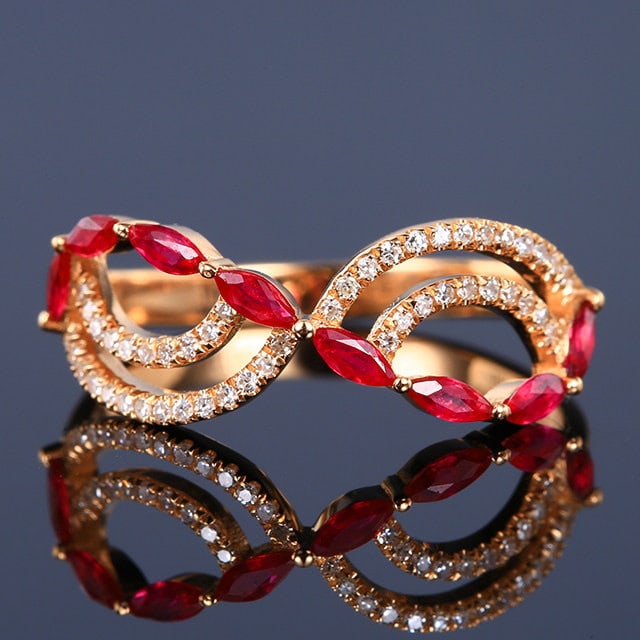 14k Gold 0.31 Ctw Natural Ruby & Diamond Ring: Ref:231177229 // gold content:14k gold // ring size:7. 25us // // main gemstone:ruby // shape:marquise // carat weight:0. 17ct // color:red // treatment:natural // // adjacent gemstone 2 : diamond //