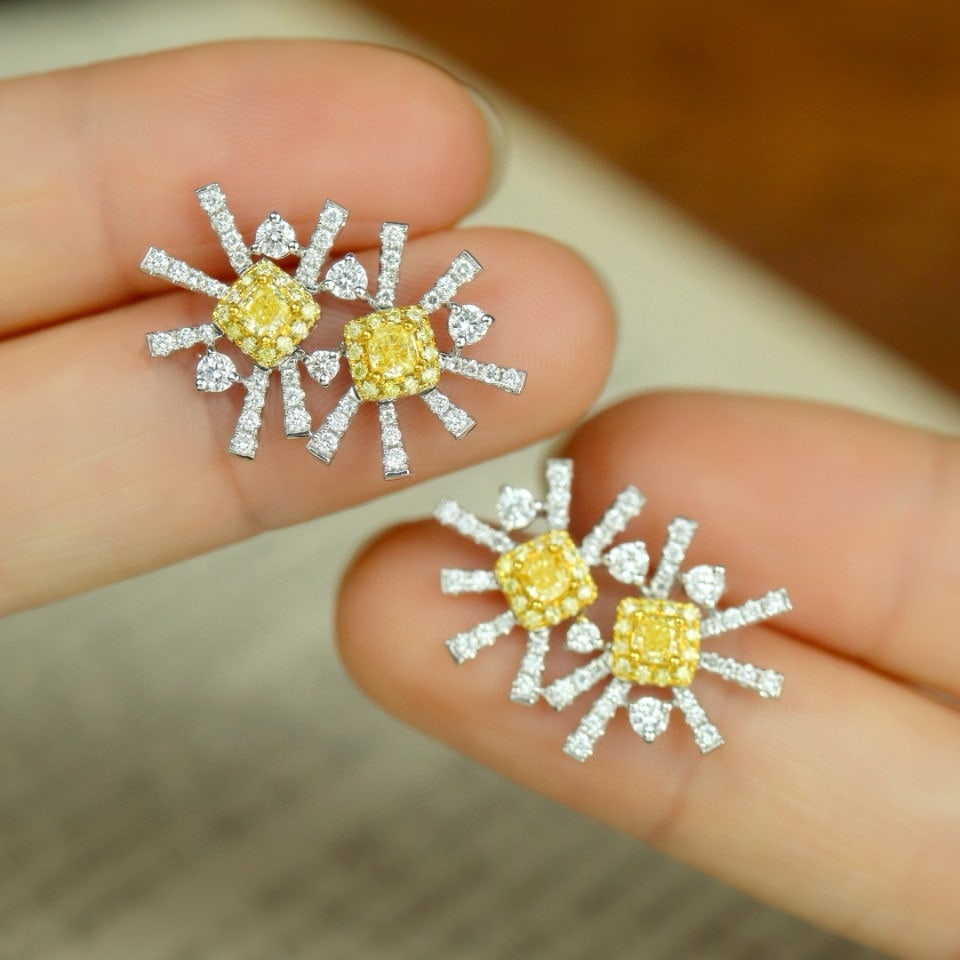 14k Gold 0.96 Ctw Natural Yellow Diamond & Diamond Earrings: Ref:231177240 // gold content:14k gold // main gemstone:yellow diamond // shape:cushion // carat weight:0. 50ct // color:yellow // treatment:natural // // adjacent gemstone 2 : diamond // shape:round