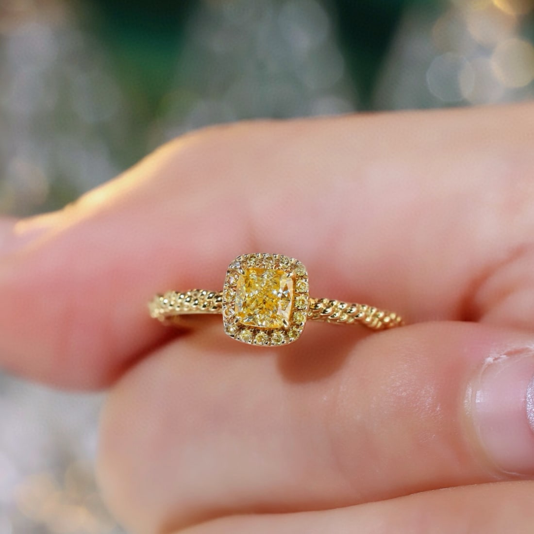 14k Gold 0.58 Ctw Natural Yellow Diamond & Yellow Diamond Ring: Ref:231177244 // gold content:14k gold // ring size:7. 25us // // main gemstone:yellow diamond // shape:cushion // carat weight:0. 5ct // color:yellow // treatment:natural // // adjacent gemstone 2 :
