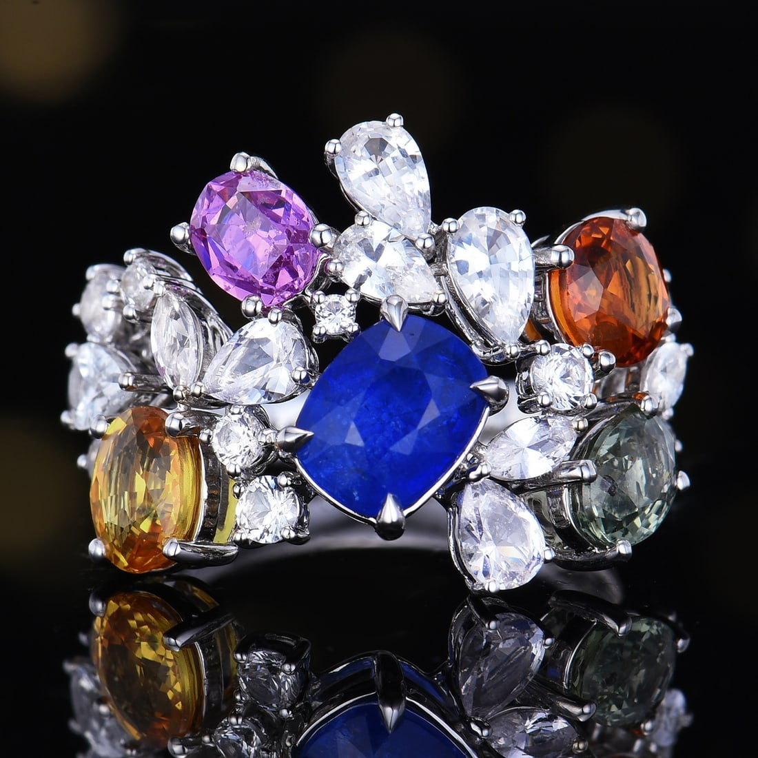 14k Gold 6.05 Ctw Natural Sapphire & Sapphire Ring: Ref:231178004 // gold content:14k gold // ring size:7. 25us // // main gemstone:sapphire // shape:multiple // carat weight:4. 26ct // color:color // treatment:natural // // adjacent gemstone 2 :