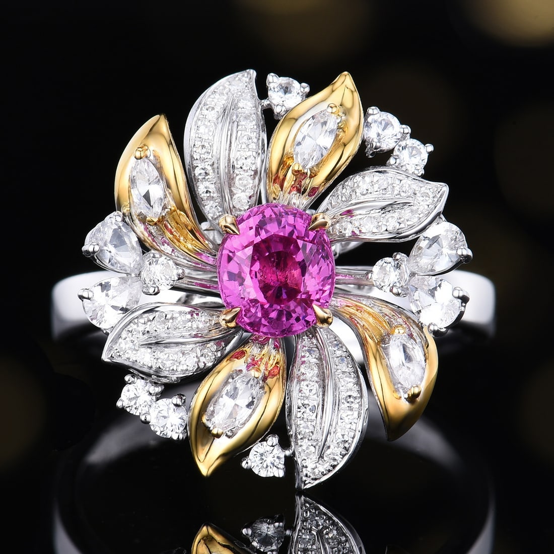 14k Gold 1.18 Ctw Natural Sapphire & Diamond & Flowers Ring/pendant( Without Chain ): Ref:231178010 // gold content:14k gold // ring size:7. 25us // // main gemstone:sapphire // shape:oval // carat weight:1. 07ct // color:pink // treatment:natural // // adjacent gemstone 2 : diamond
