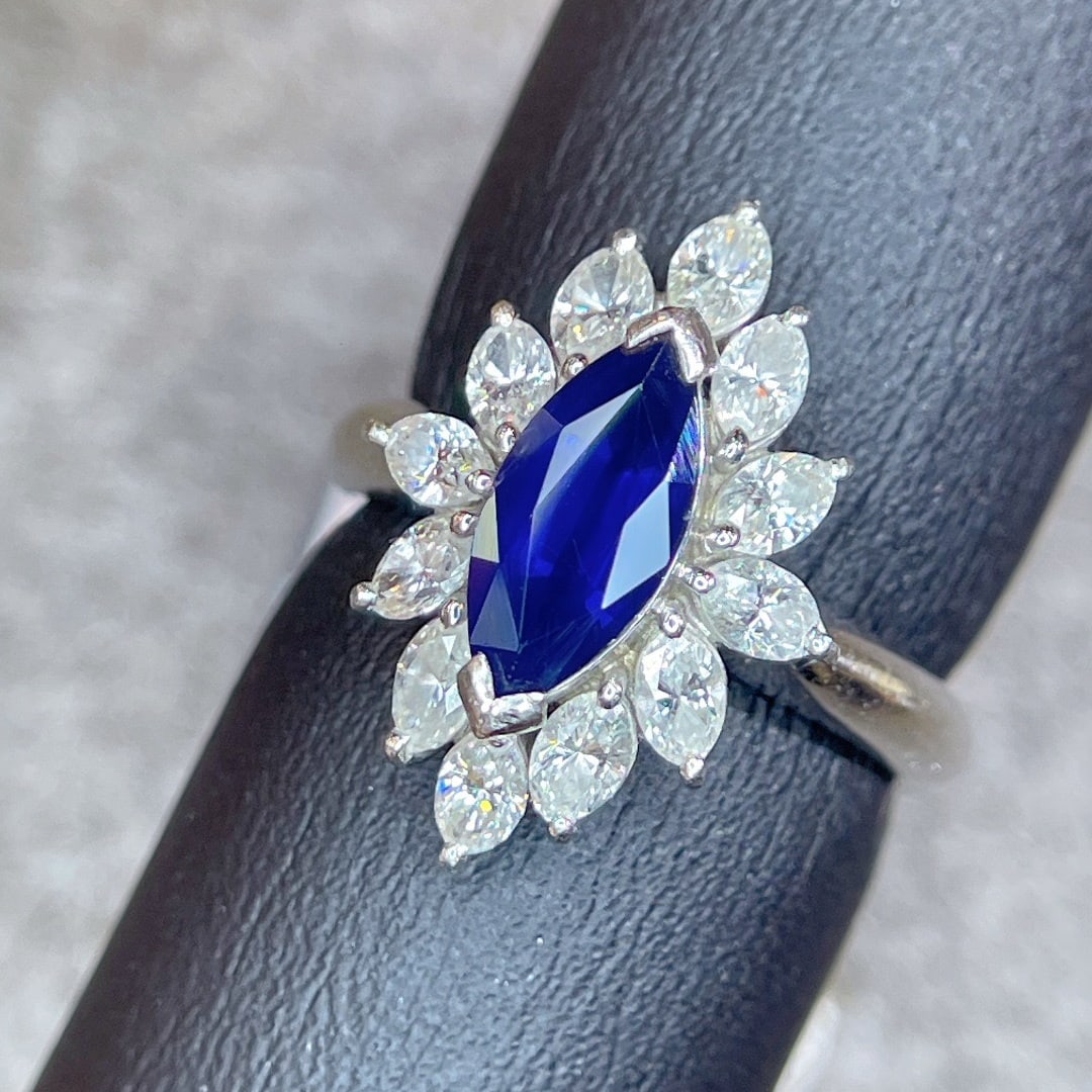 14k Gold 2.85 Ctw Natural Sapphire & Diamond Ring: Ref:231178025 // gold content:14k gold // ring size:7. 25us // // main gemstone:sapphire // shape:marquise // carat weight:1. 66ct // color:royal blue // treatment:natural // // adjacent gemstone 2 :