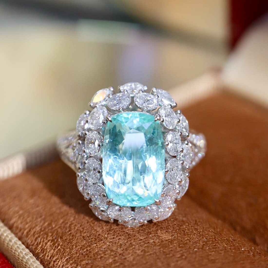14k Gold 4.15 Ctw Natural Paraiba Tourmaline & Diamond Ring: Ref:231178034 // gold content:14k gold // ring size:7. 25us // // main gemstone:paraiba tourmaline // shape:cushion // carat weight:2. 82ct // color:blue // treatment:natural // // adjacent gemstone 2