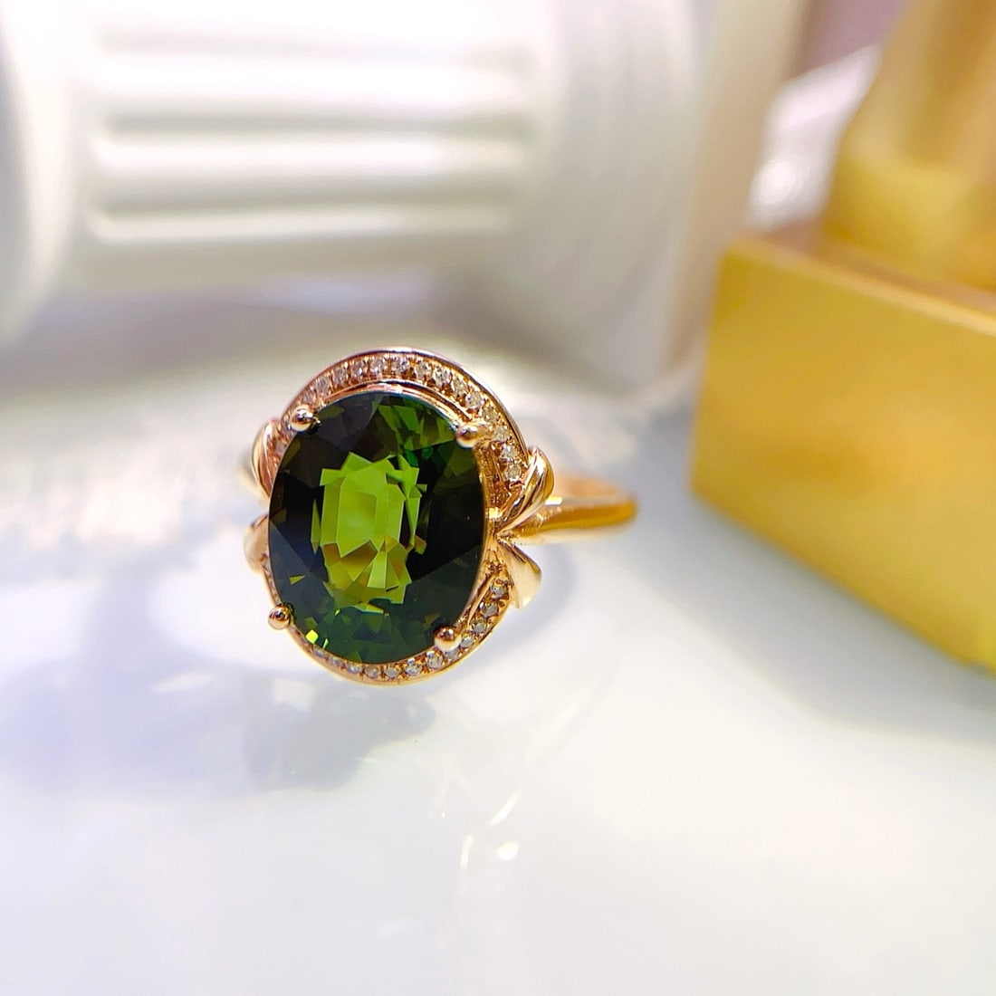14k Gold 4.15 Ct Natural Tourmaline & Diamond Ring: Ref:231178035 // gold content:14k gold // ring size:7. 25us // // main gemstone:tourmaline // shape:oval // carat weight:4. 15ct // color:green // treatment:natural // // adjacent gemstone 2 :