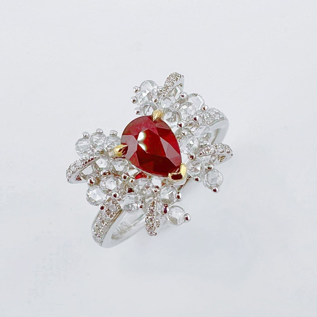 14k Gold 1.85 Ctw Natural Ruby & Diamond Ring: Ref:231178042 // gold content:14k gold // ring size:7. 25us // // main gemstone:ruby // shape:pear // carat weight:1. 15ct // color:pigeonblood red // treatment:natural // // adjacent gemstone 2 :