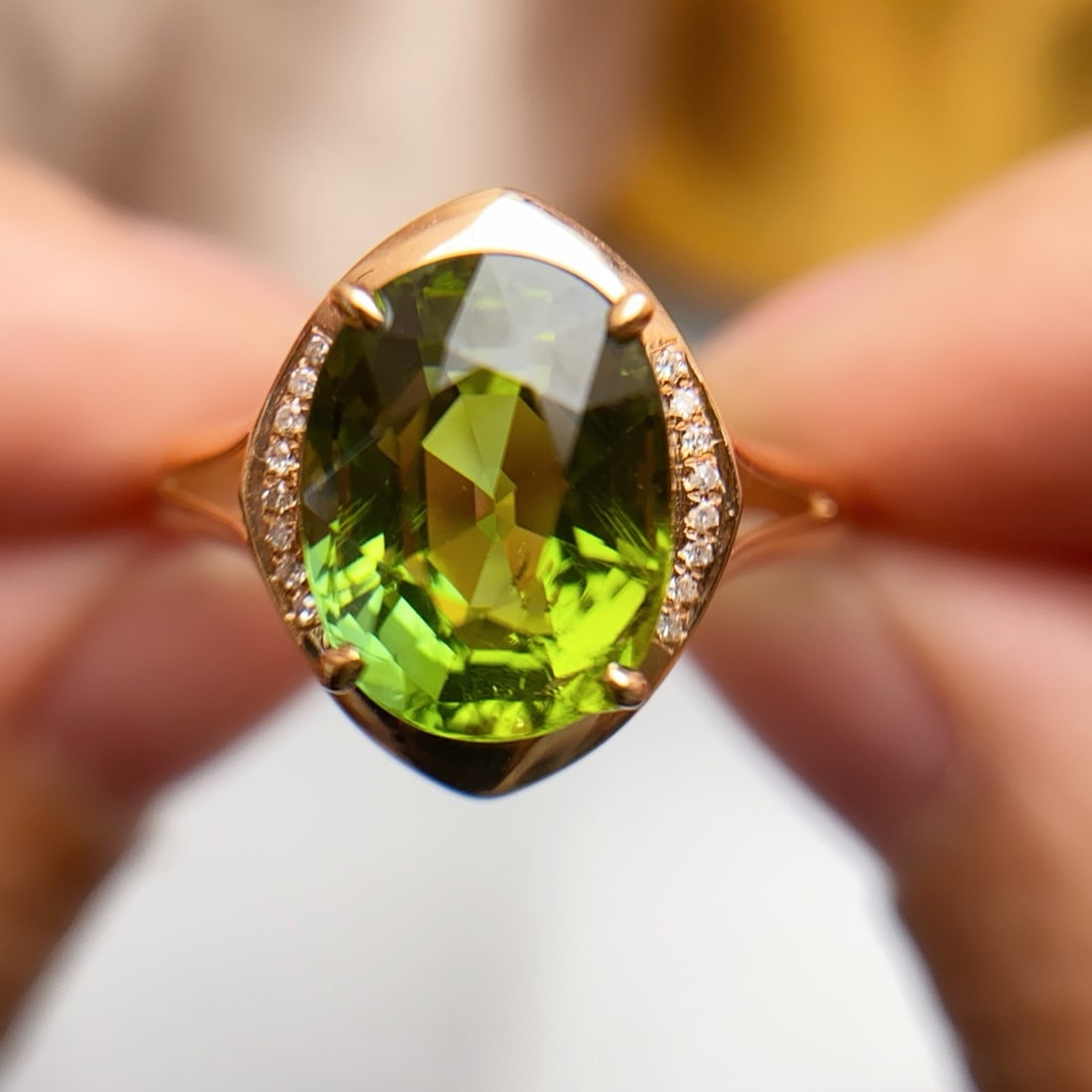 14k Gold 3.55 Ct Natural Tourmaline & Diamond Ring: Ref:231178059 // gold content:14k gold // ring size:7. 25us // // main gemstone:tourmaline // shape:oval // carat weight:3. 55ct // color:green // treatment:natural // // adjacent gemstone 2 :