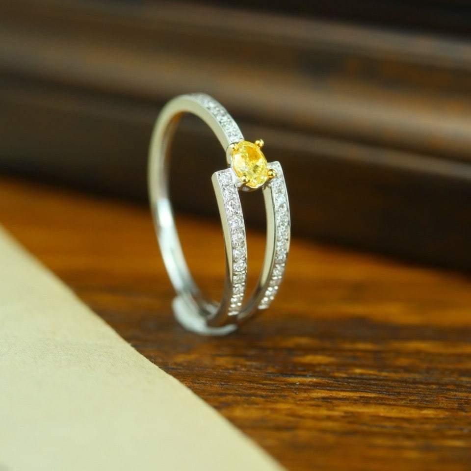14k Gold 0.16 Ct Natural Yellow Diamond & Diamond Ring: Ref:231178061 // gold content:14k gold // ring size:7. 25us // // main gemstone:yellow diamond // shape:oval // carat weight:0. 16ct // color:yellow // treatment:natural // // adjacent gemstone 2 :