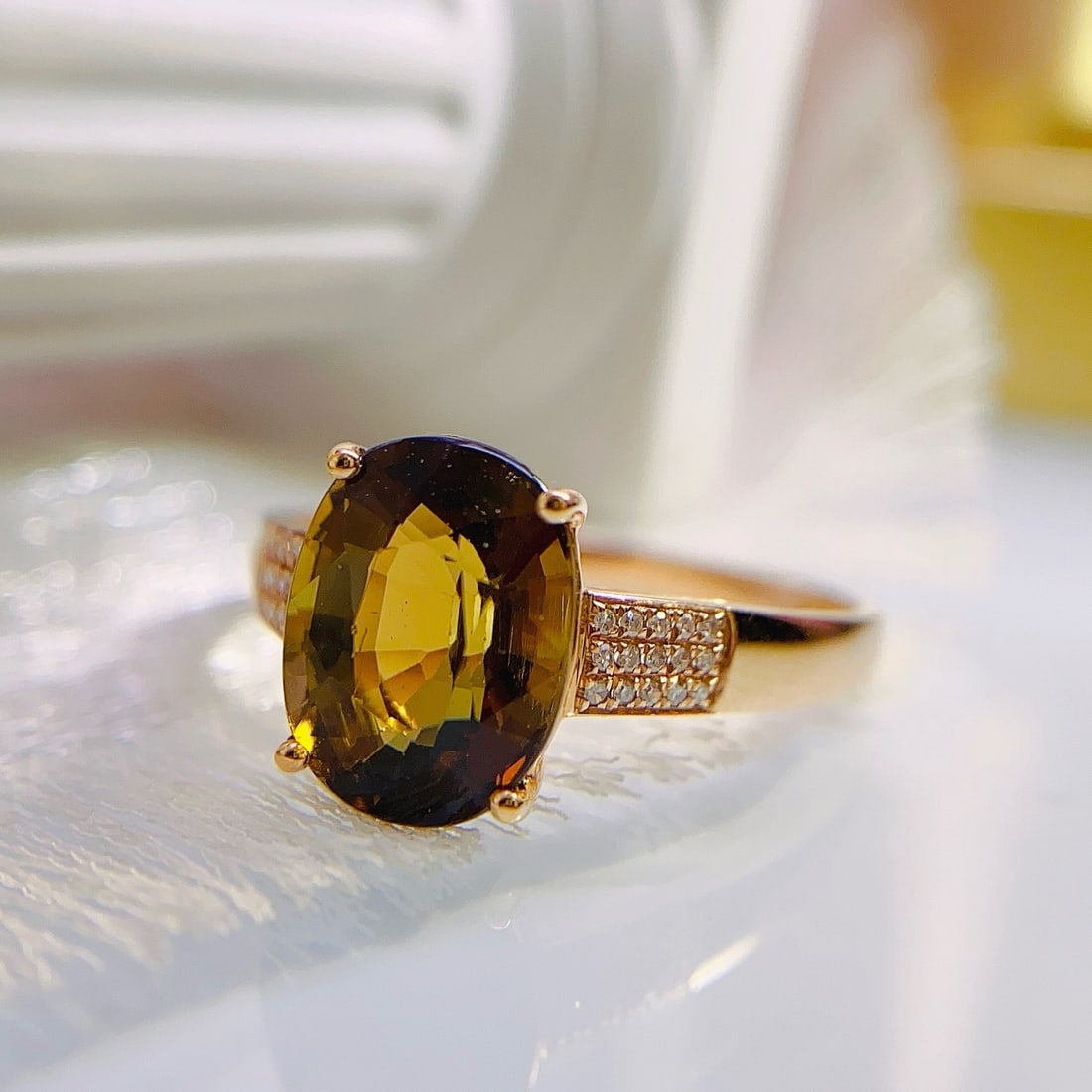 14k Gold 3.30 Ct Natural Tourmaline & Diamond Ring: Ref:231178079 // gold content:14k gold // ring size:7. 25us // // main gemstone:tourmaline // shape:oval // carat weight:3. 30ct // color:green // treatment:natural // // adjacent gemstone 2 :