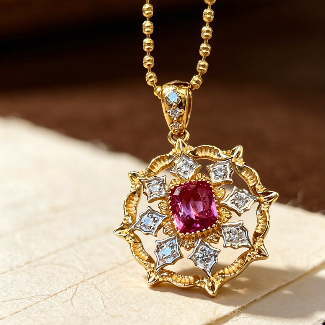 14k Gold 1 Ct Natural Sapphire & Diamond Pendant( Without Chain ): Ref:231178086 // gold content:14k gold // main gemstone:sapphire // shape:cushion // carat weight:1ct // color:pink // treatment:natural // // adjacent gemstone 2 : diamond // shape:round // clarity