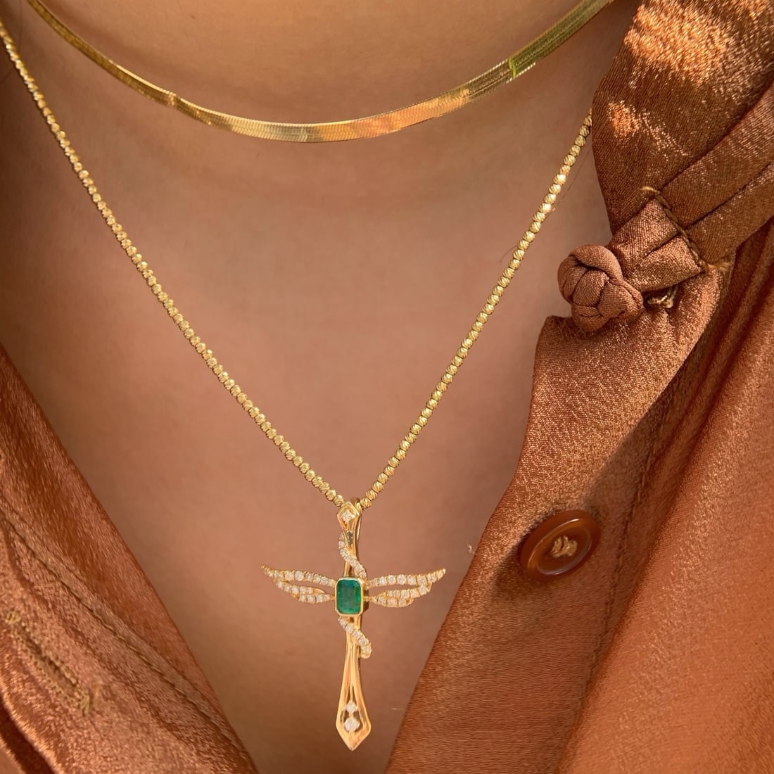 14k Gold 0.45 Ctw Vivid Green Natural Emerald & Diamond Pendant( Without Chain ) - 8
