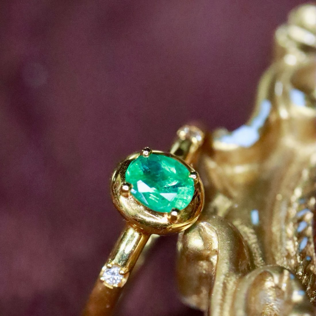 14k Gold 0.31 Ct Natural Emerald & Diamond Ring - 2