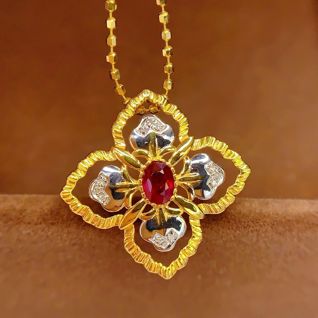 14k Gold 0.4 Ct Natural Ruby & Diamond Pendant( Without Chain ): Ref:231178102 // gold content:14k gold // main gemstone:ruby // shape:oval // carat weight:0. 4ct // color:red // treatment:natural // // adjacent gemstone 2 : diamond // number of stones:12 //