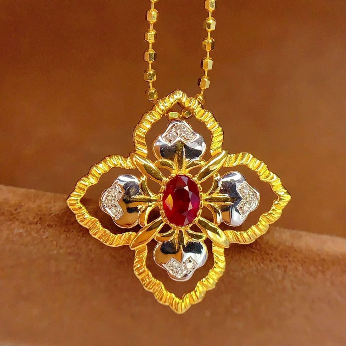 14k Gold 0.4 Ct Natural Ruby & Diamond Pendant( Without Chain ) - 2