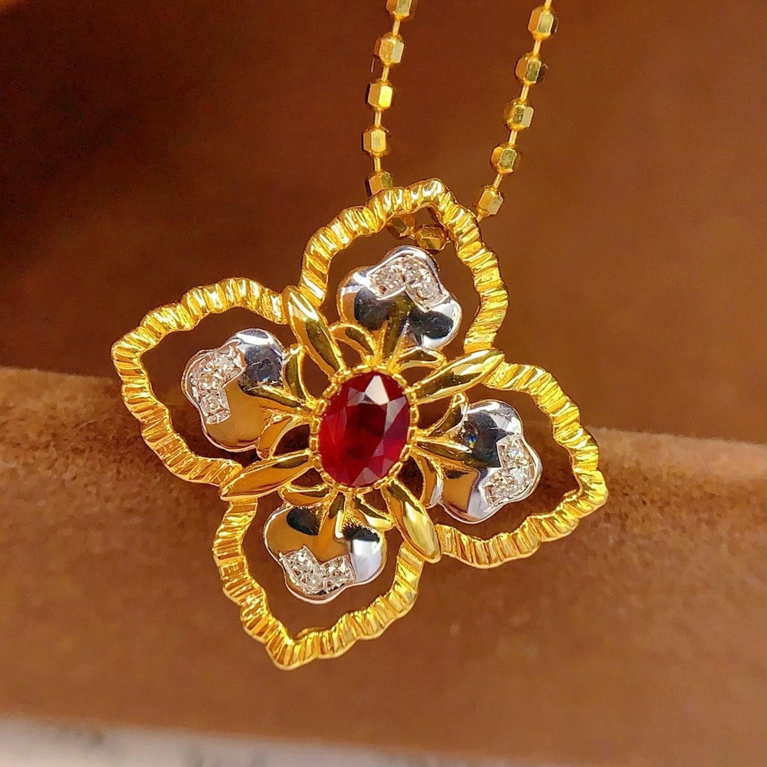 14k Gold 0.4 Ct Natural Ruby & Diamond Pendant( Without Chain ) - 3