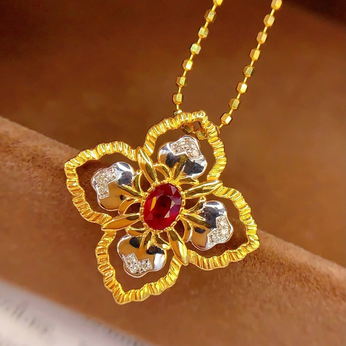14k Gold 0.4 Ct Natural Ruby & Diamond Pendant( Without Chain ) - 4