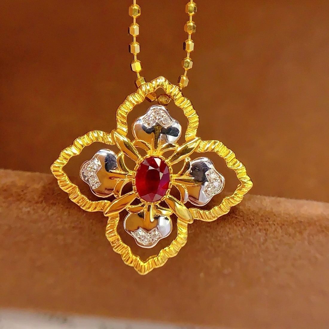 14k Gold 0.4 Ct Natural Ruby & Diamond Pendant( Without Chain ) - 5