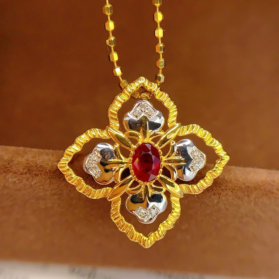 14k Gold 0.4 Ct Natural Ruby & Diamond Pendant( Without Chain ) - 6