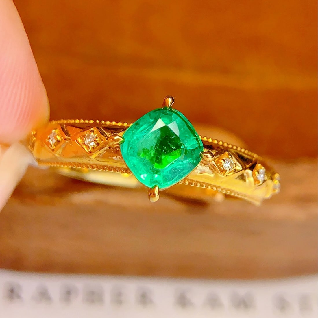 14k Gold 0.7 Ct Natural Emerald & Diamond Ring: Ref:231178133 // gold content:14k gold // ring size:7. 25us // // main gemstone:emerald // shape:cushion // carat weight:0. 7ct // color:green // treatment:natural // // adjacent gemstone 2 : diamond