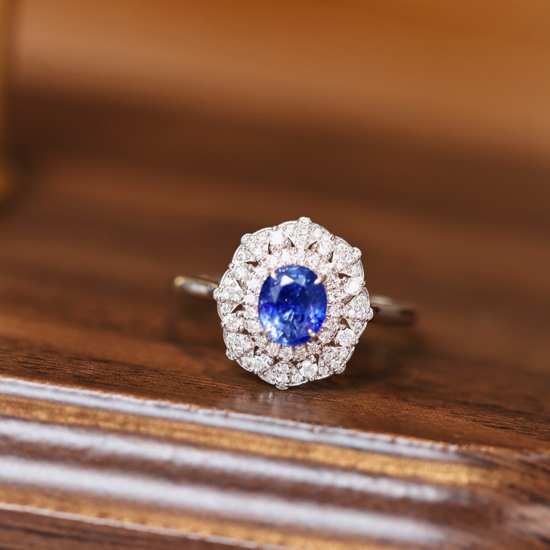 14k Gold 1.46 Ctw Natural Sapphire & Diamond Ring: Ref:231178159 // gold content:14k gold // ring size:7. 25us // // main gemstone:sapphire // shape:oval // carat weight:0. 93ct // color:cornflower blue // treatment:natural // // adjacent gemstone 2