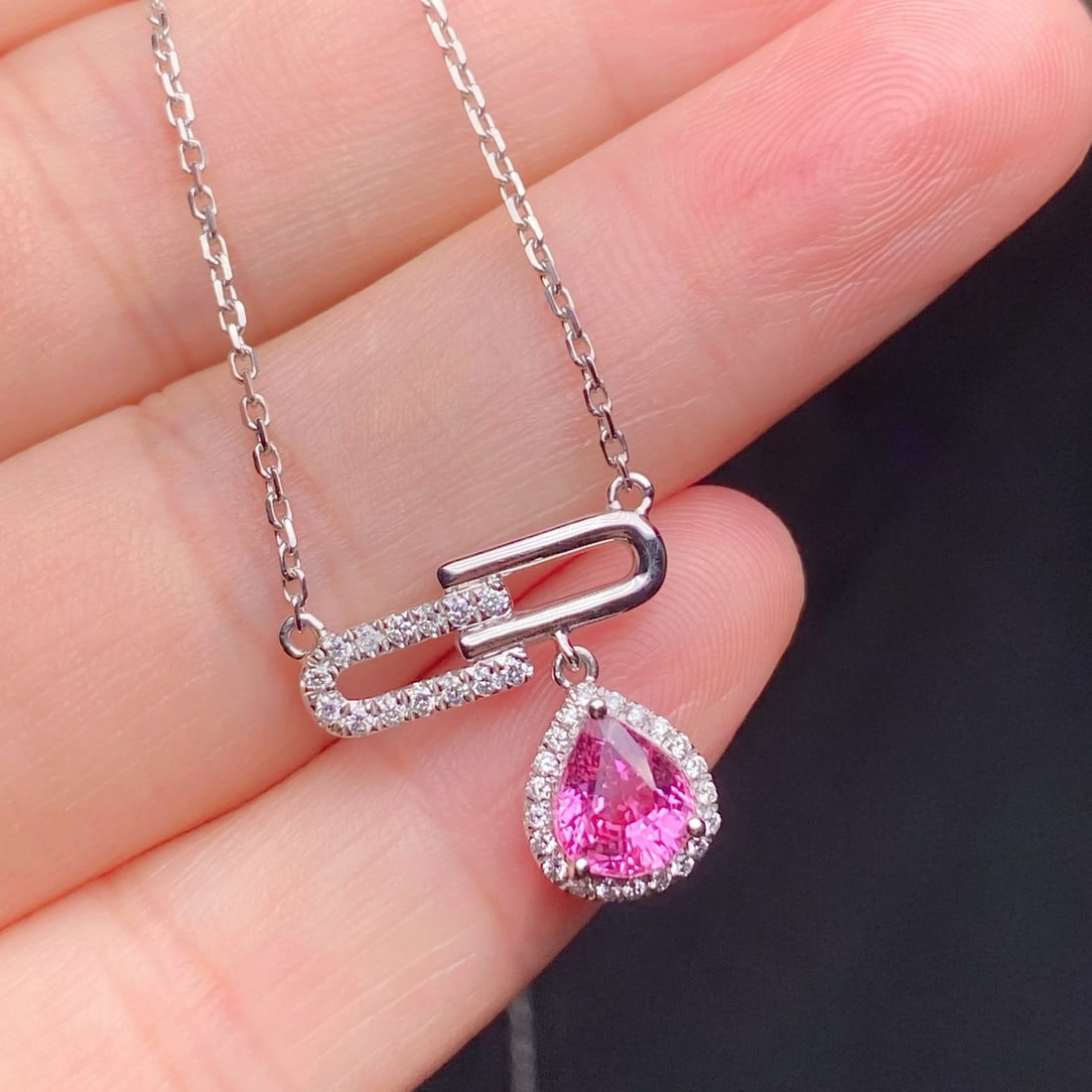 14k Gold 1.10 Ctw Natural Sapphire & Diamond Necklace: Ref:231178175 // gold content:14k gold // main gemstone:sapphire // shape:pear // carat weight:0. 96ct // color:pink // treatment:natural // // adjacent gemstone 2 : diamond // shape:round // carat