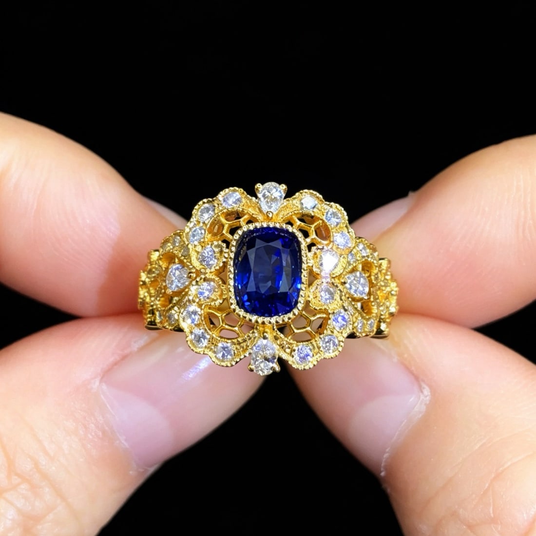 14k Gold 2.12 Ctw Natural Sapphire & Diamond Ring: Ref:231178176 // gold content:14k gold // ring size:7. 25us // // main gemstone:sapphire // shape:cushion // carat weight:1. 54ct // color:blue // treatment:natural // // adjacent gemstone 2 :