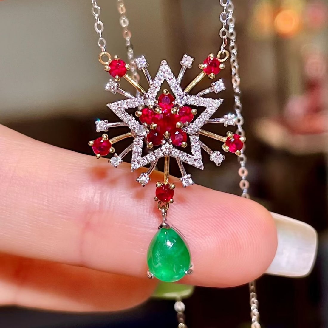 14k Gold 1.51 Ctw Natural Emerald & Ruby Necklace: Ref:231178178 // gold content:14k gold // main gemstone:emerald // shape:pear // carat weight:0. 86ct // color:green // treatment:natural // // adjacent gemstone 2 : ruby // shape:round // carat