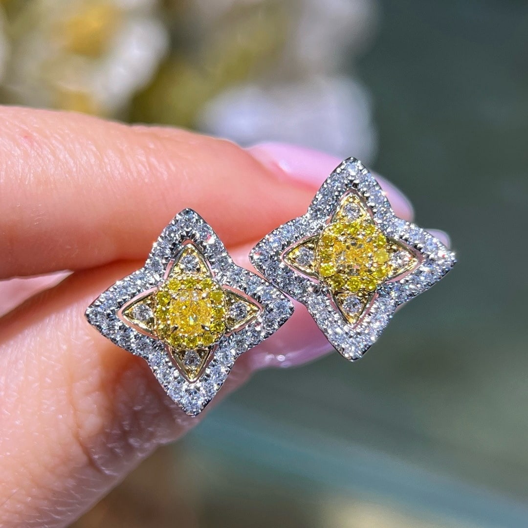 14k Gold 0.82 Ctw Natural Yellow Diamond & Diamond Earrings: Ref:231178192 // gold content:14k gold // main gemstone:yellow diamond // shape:cushion // carat weight:0. 24ct // color:yellow // treatment:natural // // adjacent gemstone 2 : diamond // shape:round