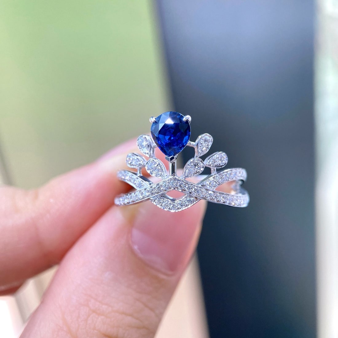 14k Gold 1.54 Ctw Natural Sapphire & Diamond Ring: Ref:231178193 // gold content:14k gold // ring size:7. 25us // // main gemstone:sapphire // shape:pear // carat weight:1. 12ct // color:royal blue // treatment:natural // // adjacent gemstone 2 :