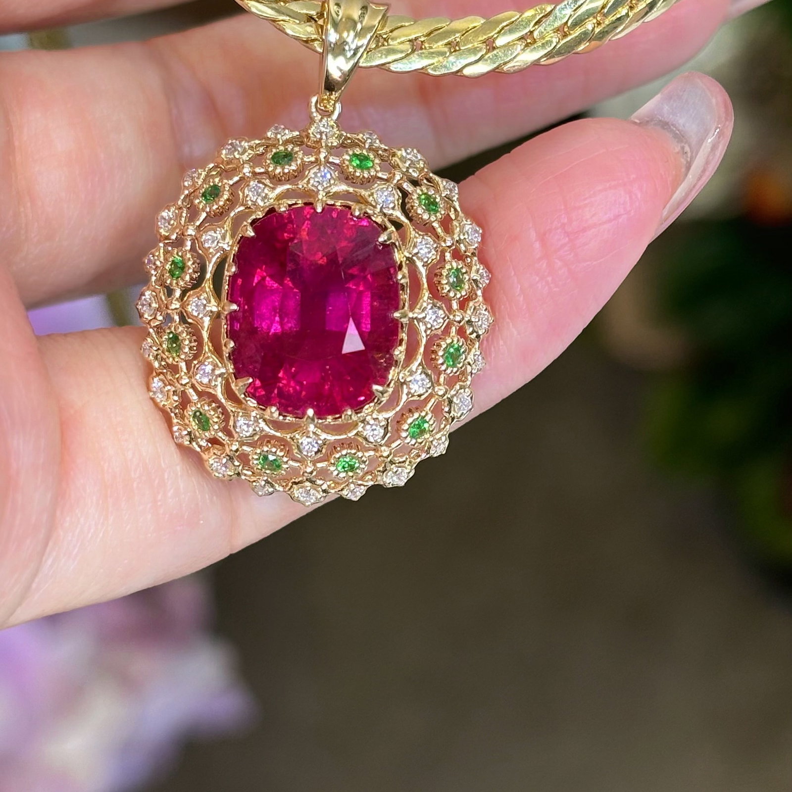 14k Gold 7 Ct Natural Tourmaline & Diamond & Tsavorite Pendant( Without Chain ) - 7