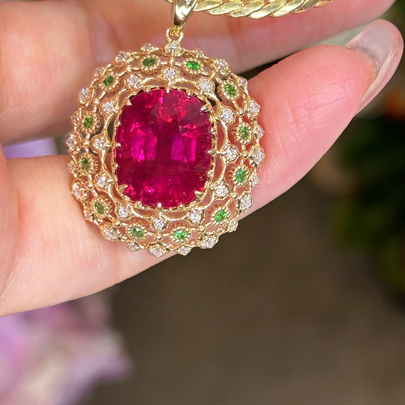 14k Gold 7 Ct Natural Tourmaline & Diamond & Tsavorite Pendant( Without Chain ) - 8
