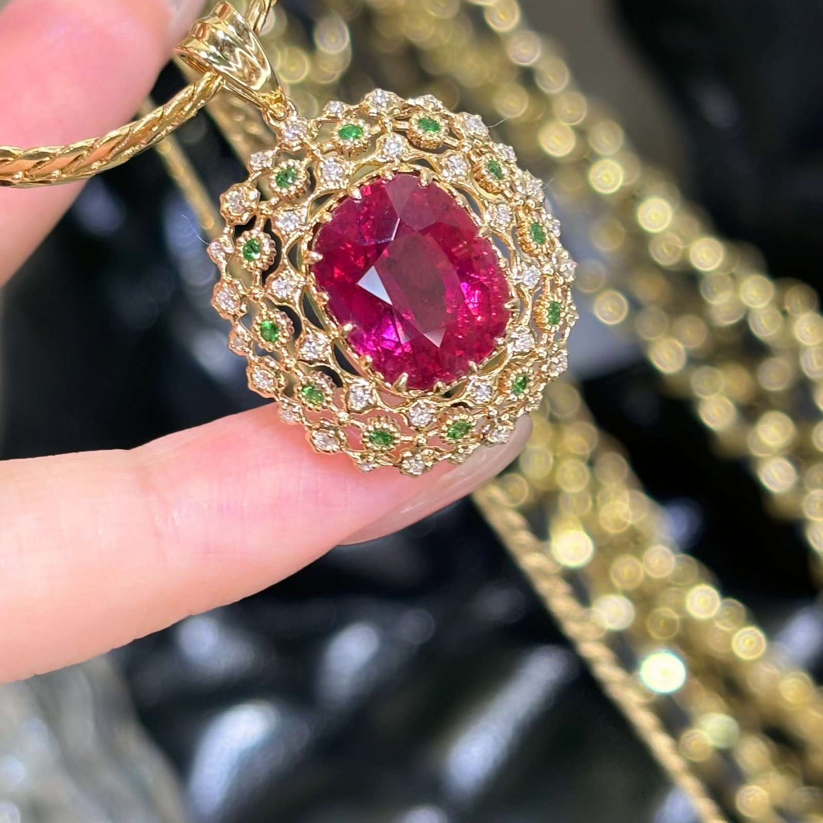 14k Gold 7 Ct Natural Tourmaline & Diamond & Tsavorite Pendant( Without Chain ) - 9