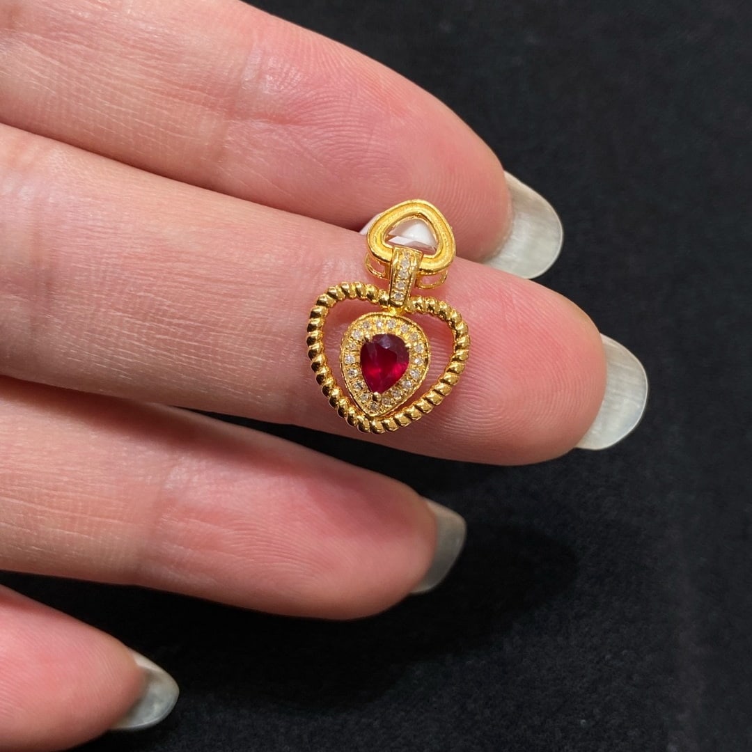 14k Gold 0.4 Ct Natural Ruby & Diamond Pendant( Without Chain ) - 2