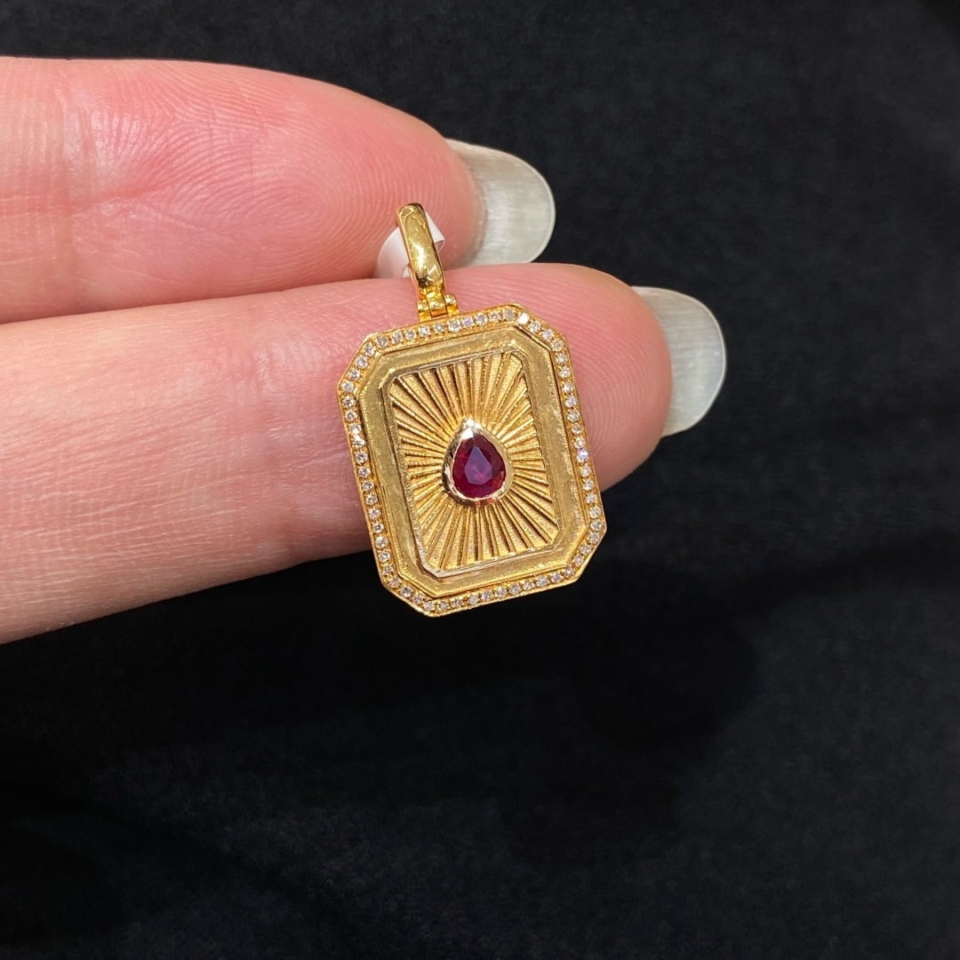 14k Gold 0.3 Ct Natural Ruby & Diamond Pendant( Without Chain ) - 2