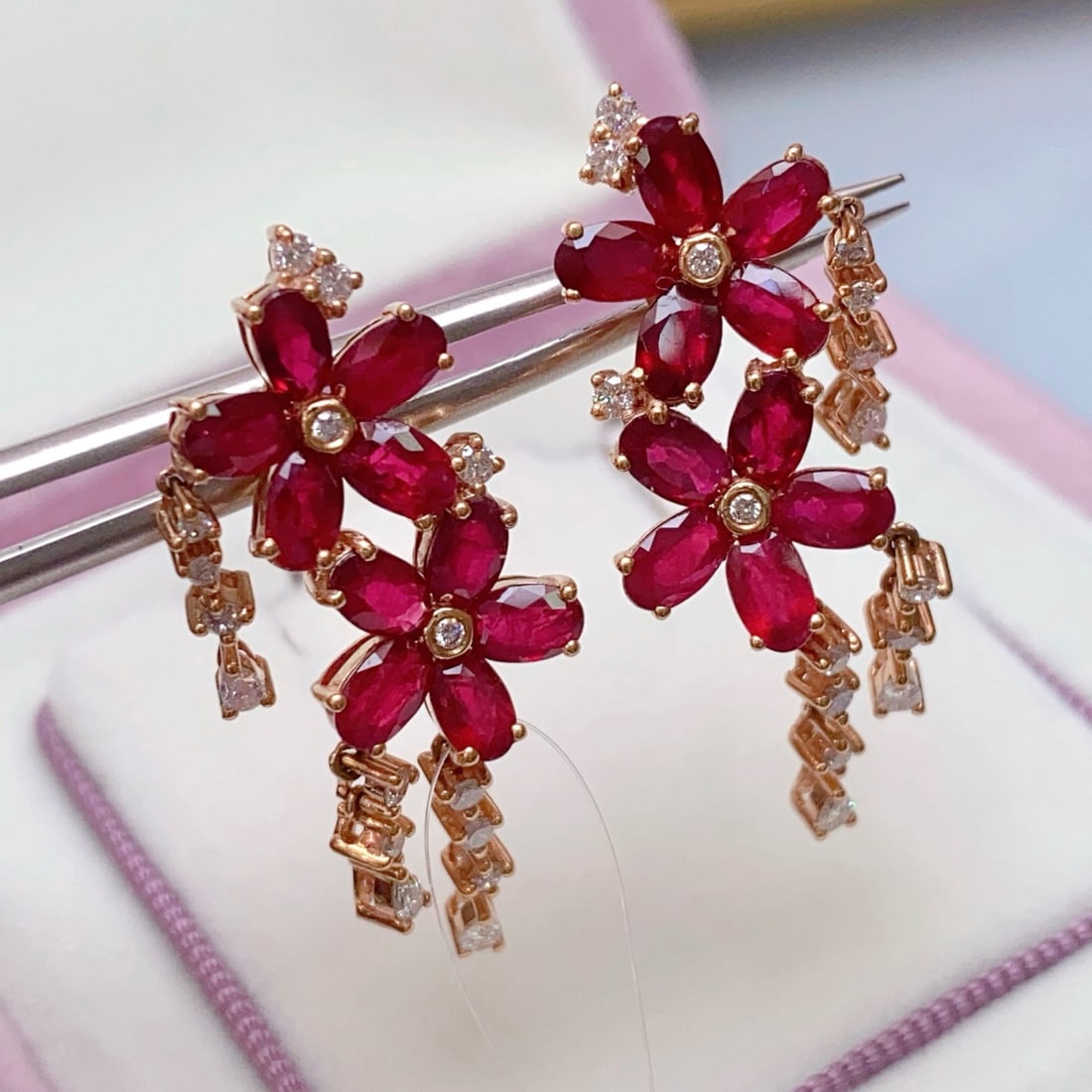 14k Gold 6.85 Ct Natural Ruby & Diamond Earrings - 2