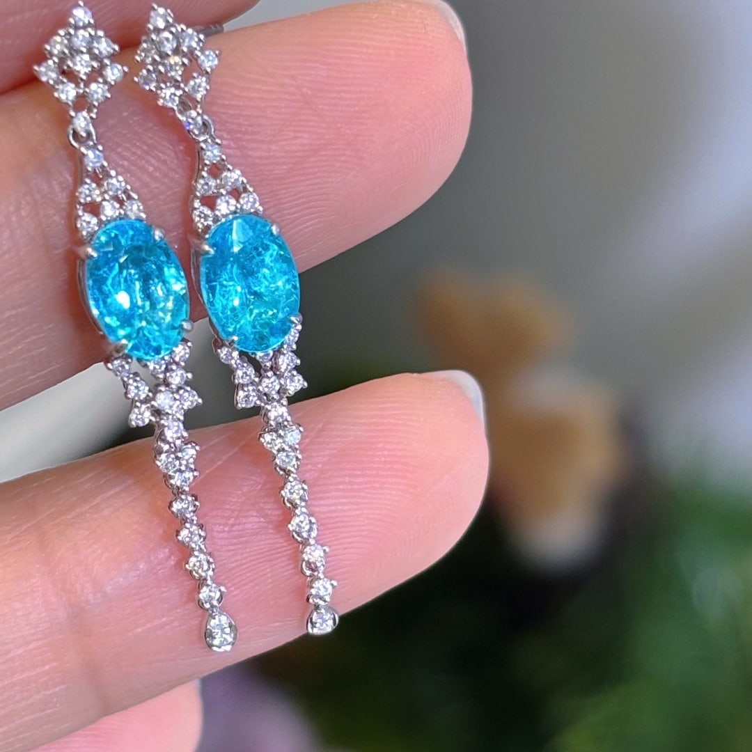 14k Gold 1.5 Ct Natural Paraiba Tourmaline & Diamond Earrings - 2